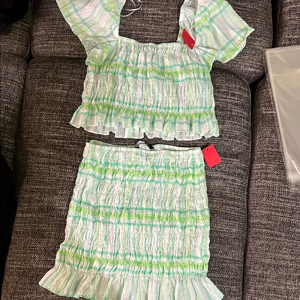Zara Green & White Smocked Crop Top and Skirt Set